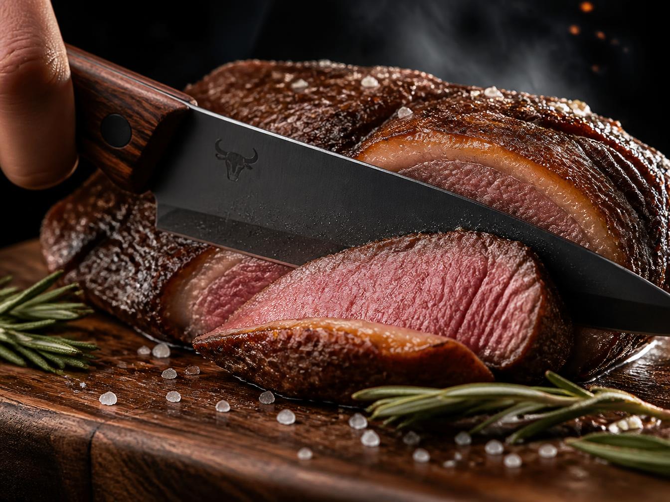 Faca de lâmina preta fatiando carne sobre tábua de madeira escura